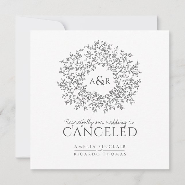 Monogram dark grey mono leaves wedding cancelled announcement (Front)