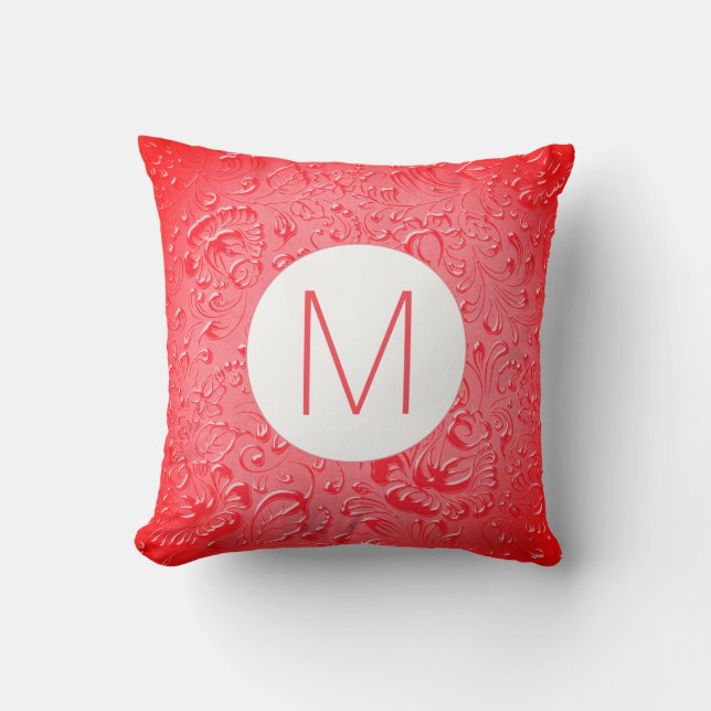 Monogram Dark Pink Colour Embossed Floral Cushion (Front)