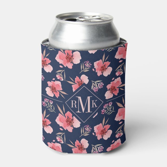 Monogram | Dark Pink Watercolor Pattern Can Cooler (Can Front)
