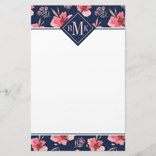 Monogram Dark Pink Watercolor Pattern Stationery