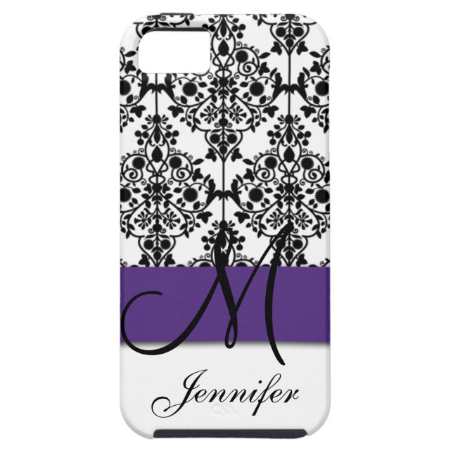 Monogram Dark Purple Black White Floral Damask Case-Mate iPhone Case (Back)
