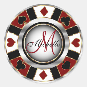 Monogram Dark Red Casino Poker Chip Design Classic Round Sticker