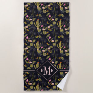 Monogram   Dark Summer Night Cactus Pattern Beach Towel
