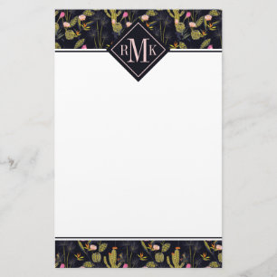 Monogram   Dark Summer Night Cactus Pattern Stationery