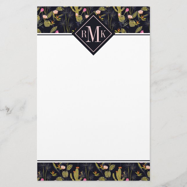 Monogram | Dark Summer Night Cactus Pattern Stationery (Front)