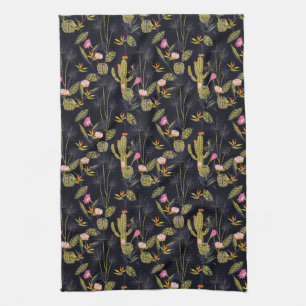 Monogram Dark Summer Night Cactus Pattern Tea Towel