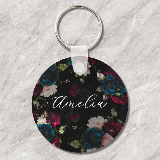 Monogram Dark Turquoise Red Floral Bloom Key Ring (Creator Uploaded)