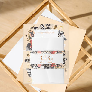 Monogram & Date  Blush and Black Floral Wedding    Invitation Belly Band