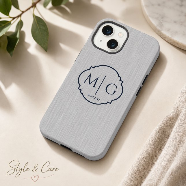 Monogram Date Premium Brushed Silver Metal Texture iPhone Case (Monogram Date Premium Brushed Silver Metal Texture iPhone 13 Case)
