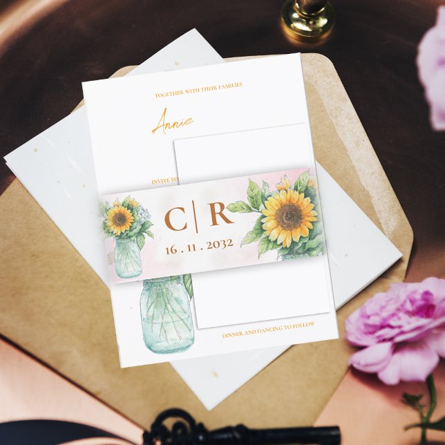 Monogram & Date  Sunflower Mason Jar Wedding    Invitation Belly Band (Monogram & Date Sunflower Mason Jar Wedding Invitation Belly Band)