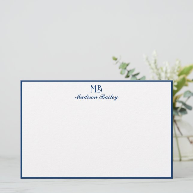 Monogram Decorative Typography Navy Blue Border Stationery (Standing Front)