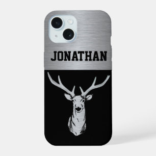 Monogram Deer Black Silver Stag Hunting Buck iPhone 15 Case