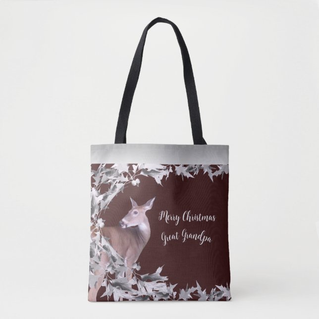 Monogram Deer Doe Silver Leaves Vines Cherry Red Tote Bag (Front)