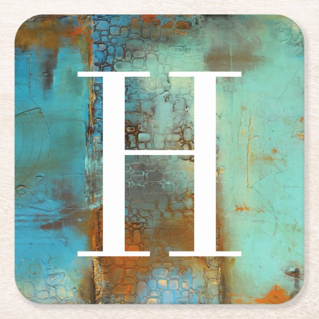 Monogram | Deja Blue Square Paper Coaster (Front)