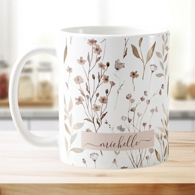 Monogram Delicate Brown Wildflowers Leaves Coffee Mug (In situ)