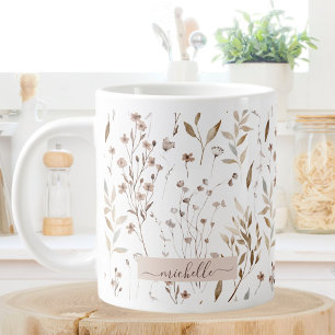 Monogram Delicate Brown Wildflowers Leaves Large Coffee Mug