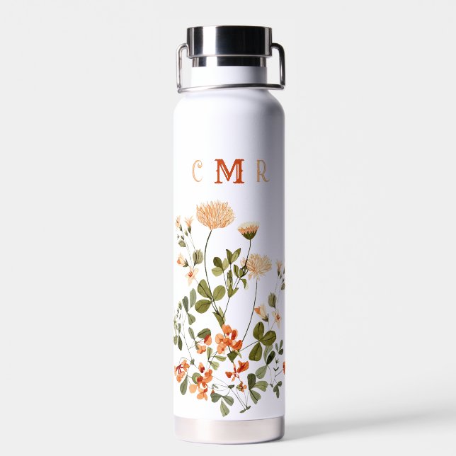 Monogram Delicate Spring Floral Botanical  Water Bottle (Back)