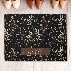 Monogram Delicate Watercolor Brown Flowers Leaves Doormat