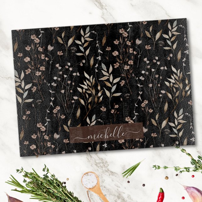 Monogram Delicate Watercolor Dried Flowers Leaves Cutting Board (In situ)