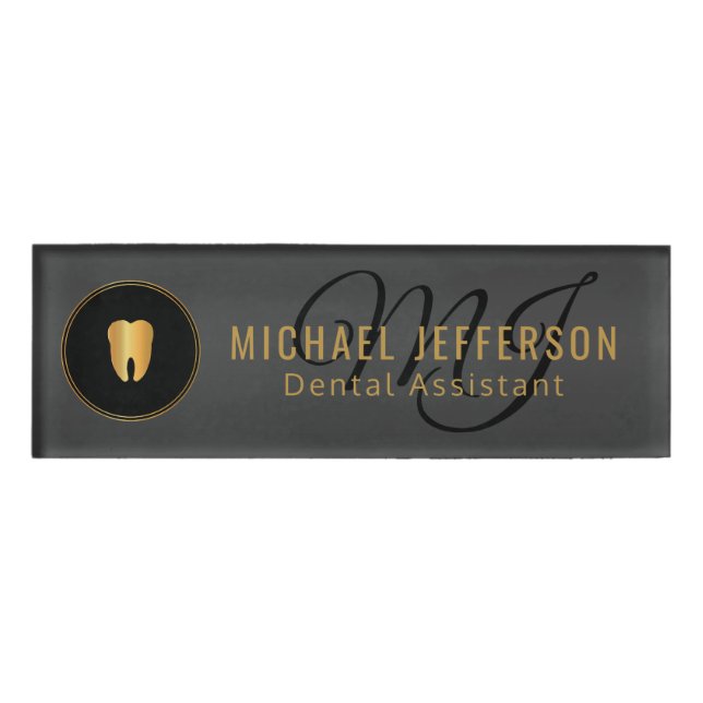 Monogram Dentist Office  - Black and Gold Name Tag (Front)