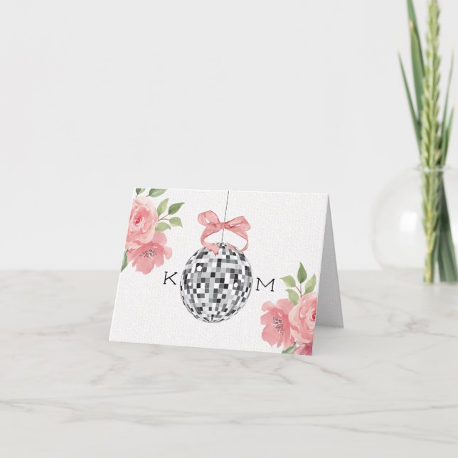 Monogram Disco Ball Wedding Thank You Photo Inside Card (Front)