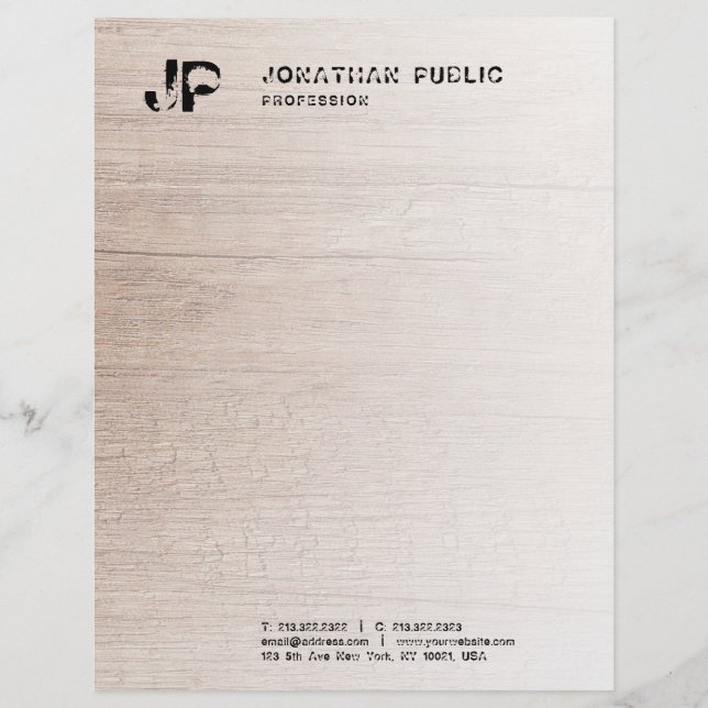 Monogram Distressed Text Elegant Wood Look Custom Letterhead (Front)