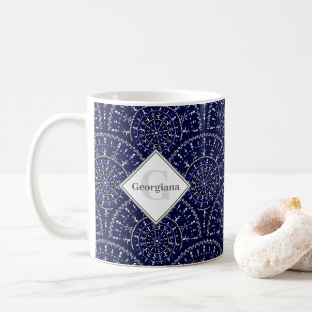 Monogram Ditsy Winter Snow Angels Snowmen Art Deco Coffee Mug (With Donut)