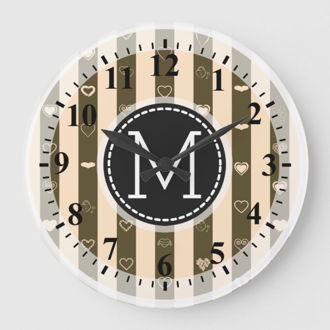 Monogram Donkey Beown Stripes Modern Heart Pattern Large Clock (Front)
