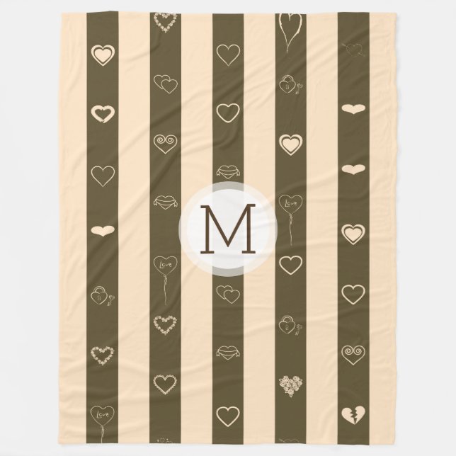 Monogram Donkey Brown Stripes Modern Heart Pattern Fleece Blanket (Front)
