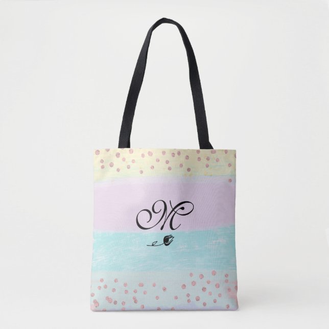 *~* Monogram Doodle Tulip Gold Glitter Pastel Tote Bag (Front)