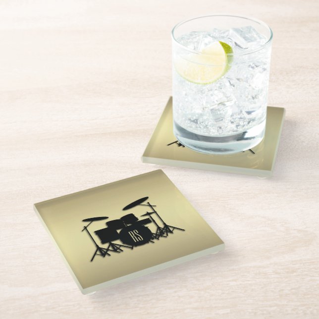 Monogram Drum Set Gold Glass Coaster (Angled)