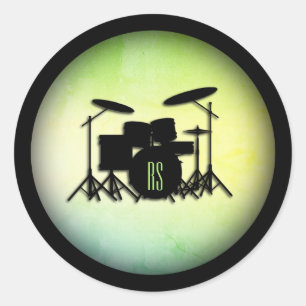 Monogram Drum Set Green Classic Round Sticker