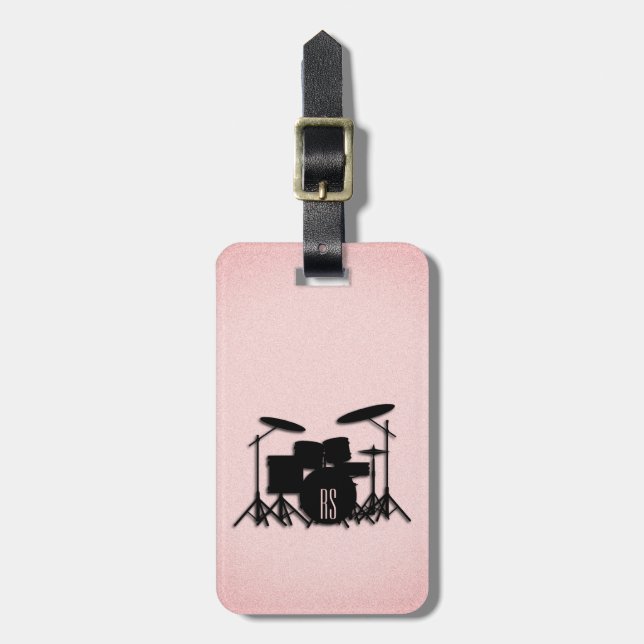 Monogram Drum Set Music Design Pink  Luggage Tag (Front Vertical)