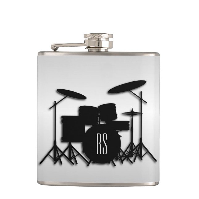 Monogram Drum Set Silver Hip Flask (Front)