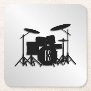 Monogram Drum Set Silver Square Paper Coaster