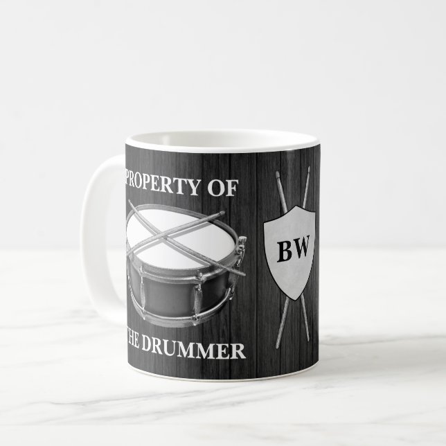 Monogram Drummer Snare Drum Drumsticks Music Mug (Front Left)