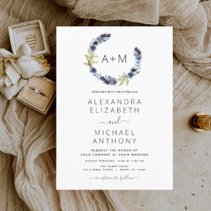 Monogram Dusty Blue Boho Floral Wedding Invitation