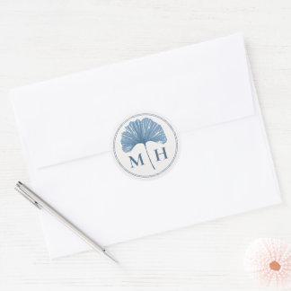 Monogram Dusty Blue Botancial Watercolor Wedding Classic Round Sticker