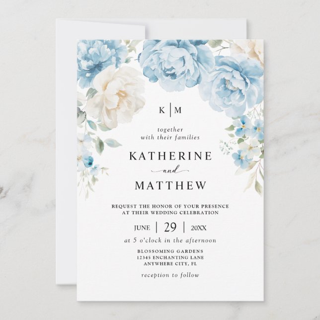 Monogram Dusty Blue Champagne Ivory Floral Wedding Invitation (Front)