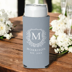 Monogram Dusty Blue Crest Botanical Wedding  Seltzer Can Cooler
