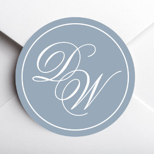 Monogram Dusty Blue Elegant White Script Initials Classic Round Sticker