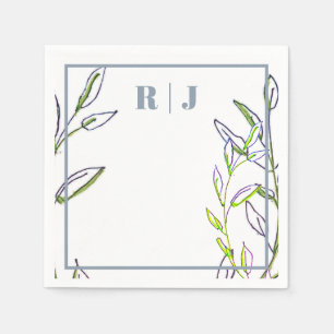 Monogram Dusty Blue Green Leaves Artsy Wedding Napkin