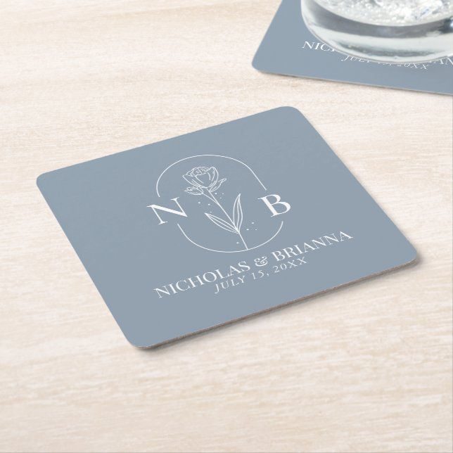 Monogram Dusty Blue Minimalist Elegant Wedding Square Paper Coaster (Angled)