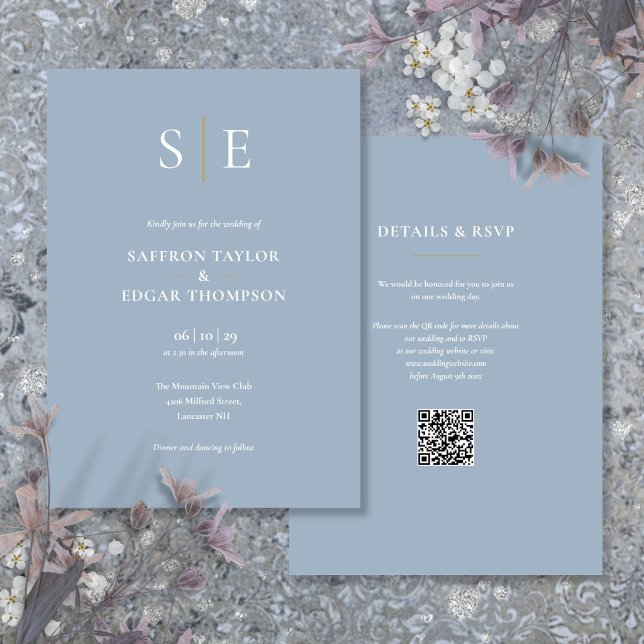 Monogram Dusty Blue QR Code Wedding Invitation (Monogram Dusty Blue QR Code Wedding Invitation)