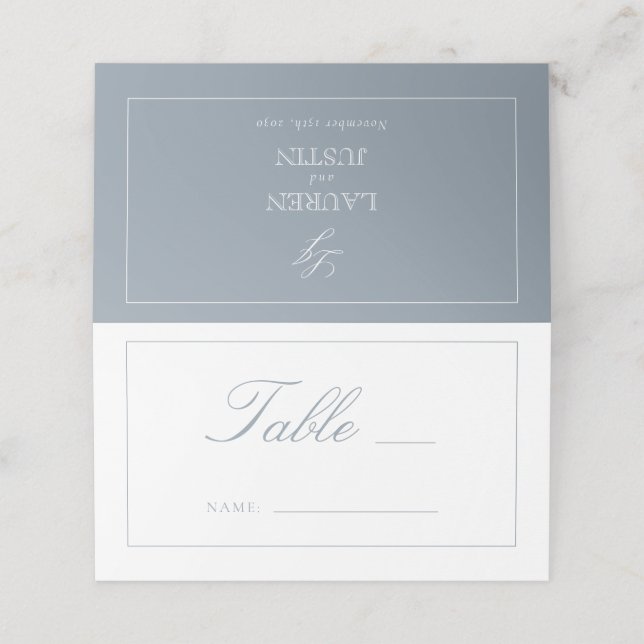Monogram Dusty Blue Script Wedding Table Number Place Card (Outside Unfolded)
