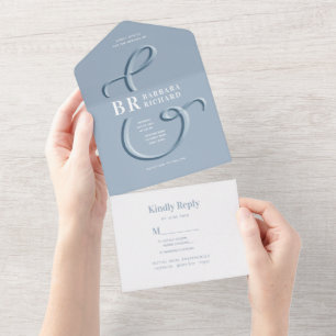 Monogram Dusty Blue Wedding All In One Invitation