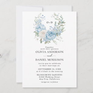 Monogram Dusty Blue & White Peonies Floral Wedding Invitation