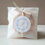 Monogram Dusty Blue Wreath Classic Script Wedding Classic Round Sticker<br><div class="desc">This elegant wedding sticker features a dusty blue botanical line art wreath. Personalise it with your monogram initial in classic dusty blue script.</div>