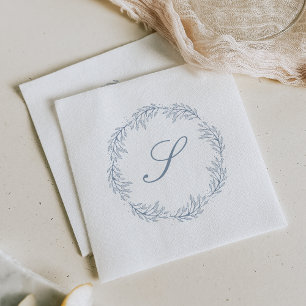 Monogram Dusty Blue Wreath Classic Script Wedding Napkin
