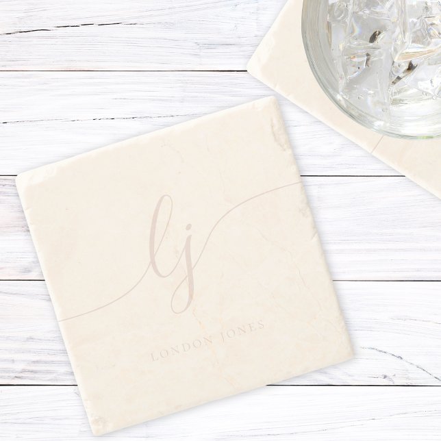 Monogram Dusty Ivory Pink Script Simple Elegant Stone Coaster (Creator Uploaded)